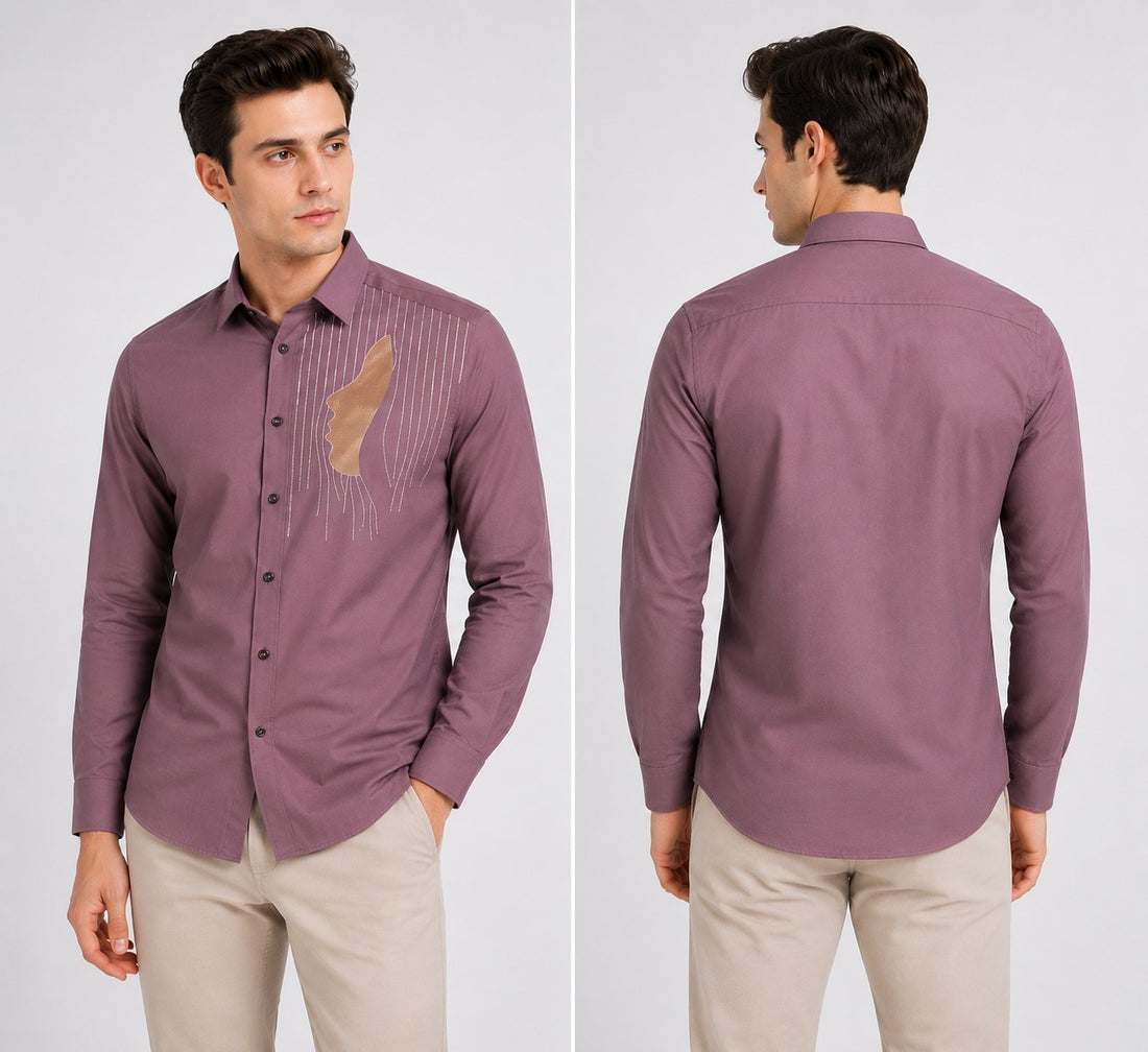 Torso Men’s Mauve Premium Full Sleeves Shirt with Artistic Detailing