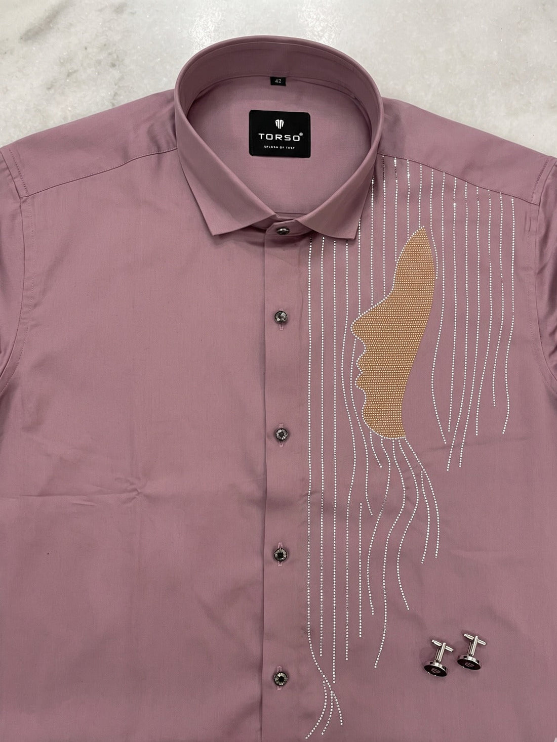 Torso Men’s Mauve Premium Full Sleeves Shirt with Artistic Detailing