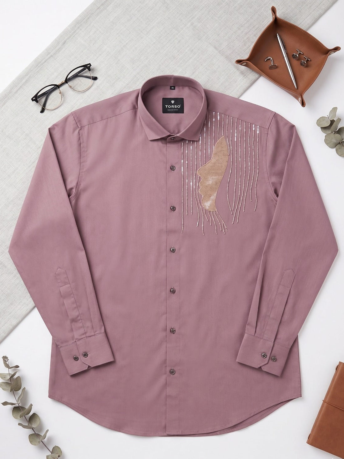 Torso Men’s Mauve Premium Full Sleeves Shirt with Artistic Detailing