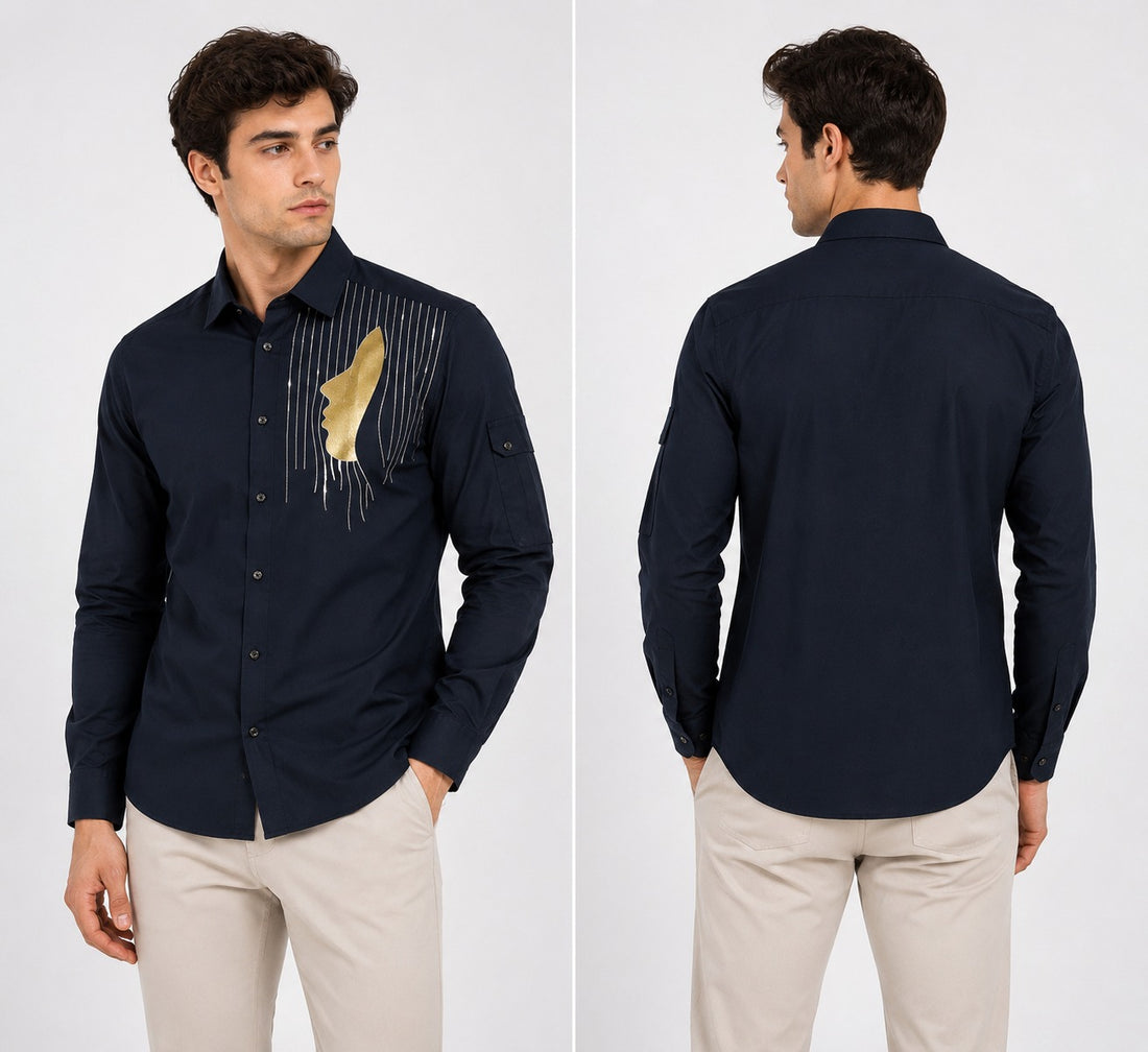 Torso Navy Blue Full Sleeves Designer Shirt – Luxury Statement Wear