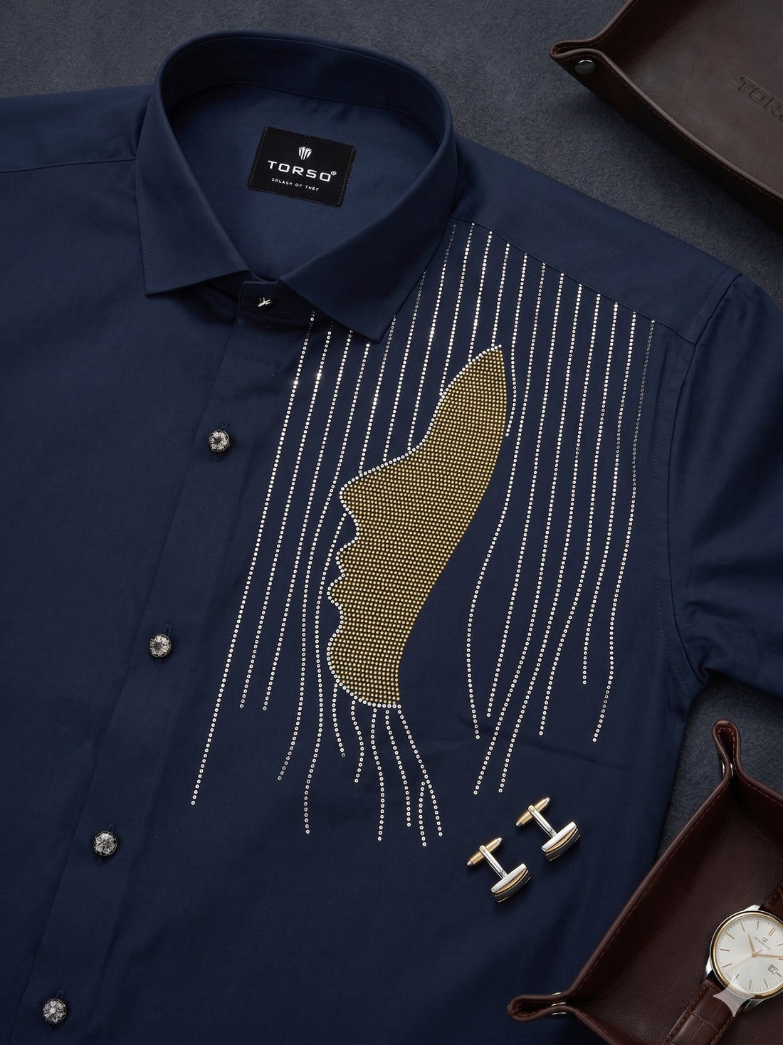 Torso Navy Blue Full Sleeves Designer Shirt – Luxury Statement Wear