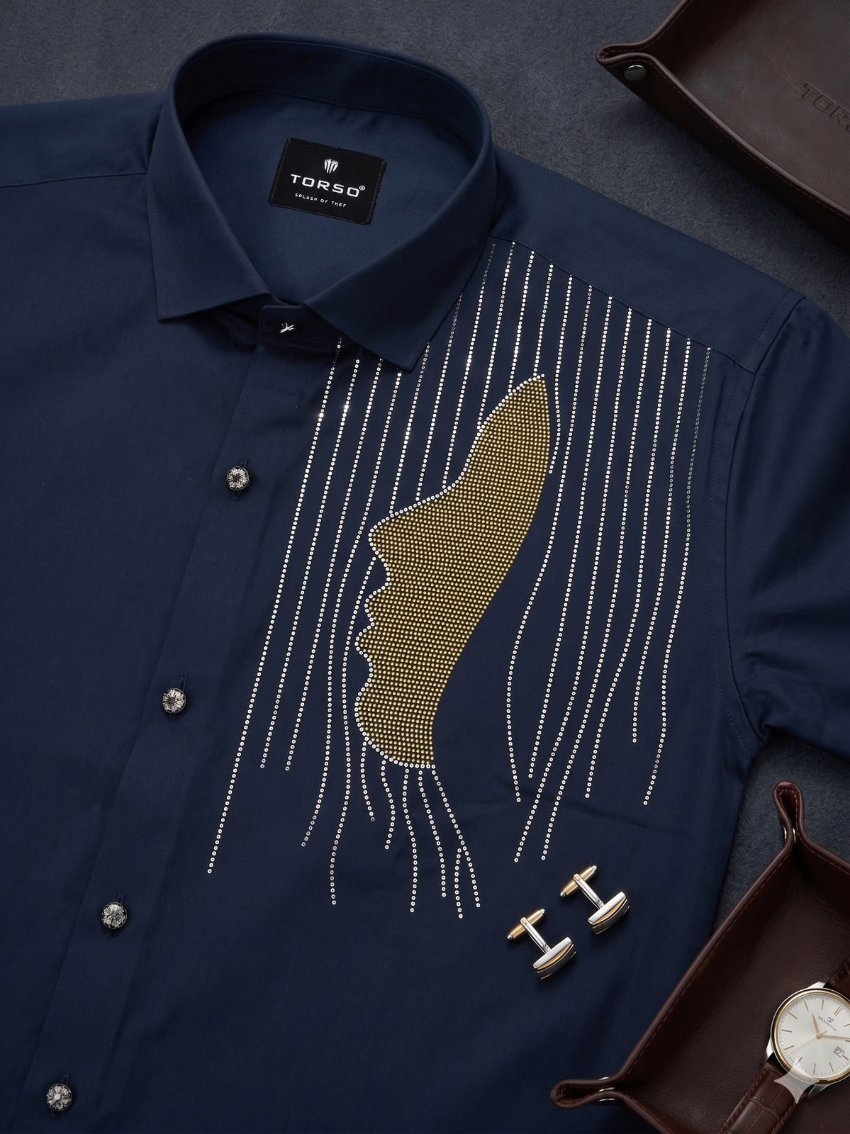 Torso Navy Blue Full Sleeves Designer Shirt – Luxury Statement Wear