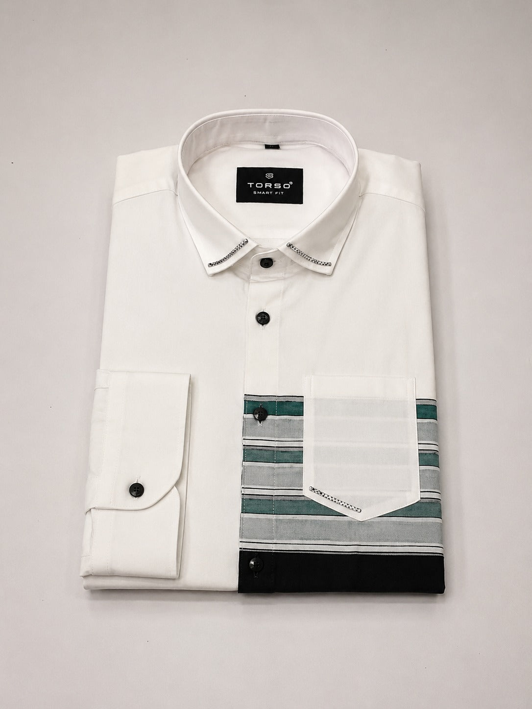 Torso Men’s White Premium Full Sleeves Shirt with Striped Designer Panel