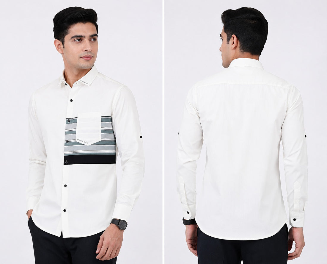 Torso Men’s White Premium Full Sleeves Shirt with Striped Designer Panel