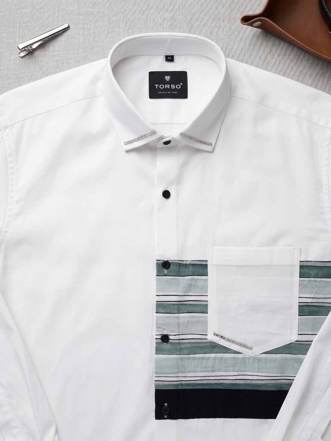Torso Men’s White Premium Full Sleeves Shirt with Striped Designer Panel