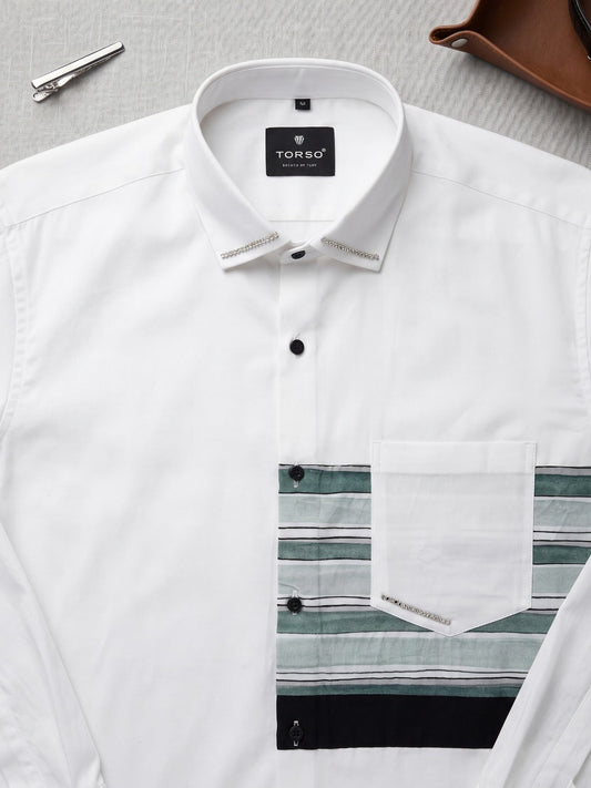 Torso Men’s White Premium Full Sleeves Shirt with Striped Designer Panel