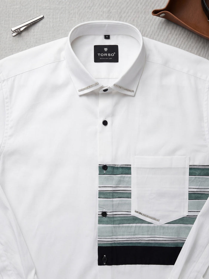 Torso Men’s White Premium Full Sleeves Shirt with Striped Designer Panel
