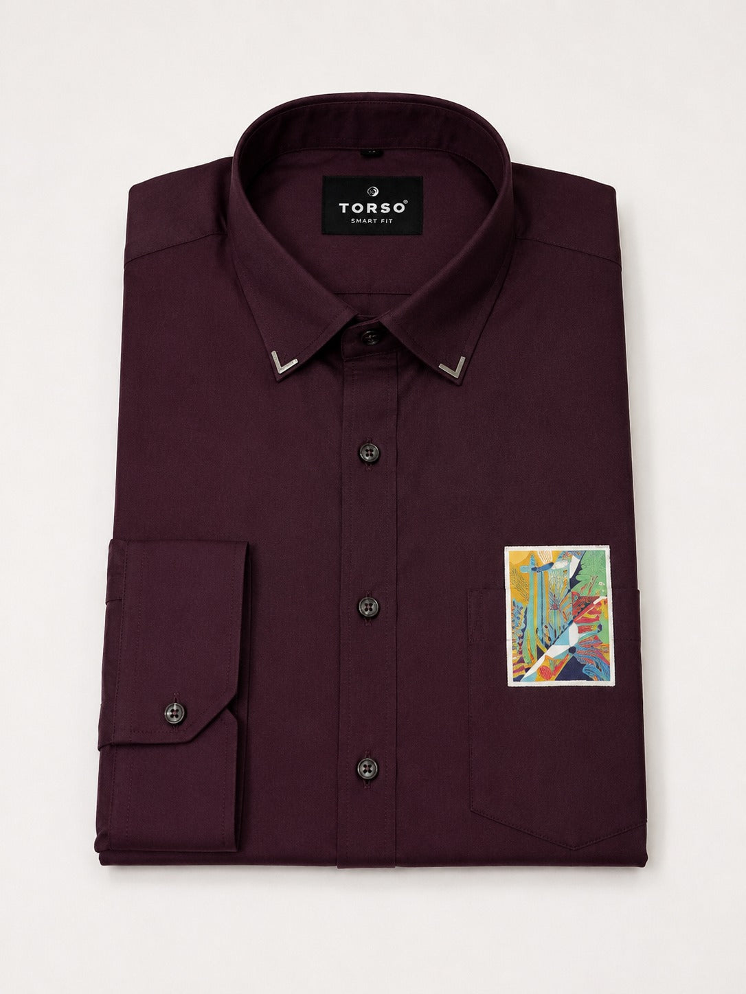 Torso Men’s Deep Plum Designer Full Sleeves Shirt with Graphic Patch Detail