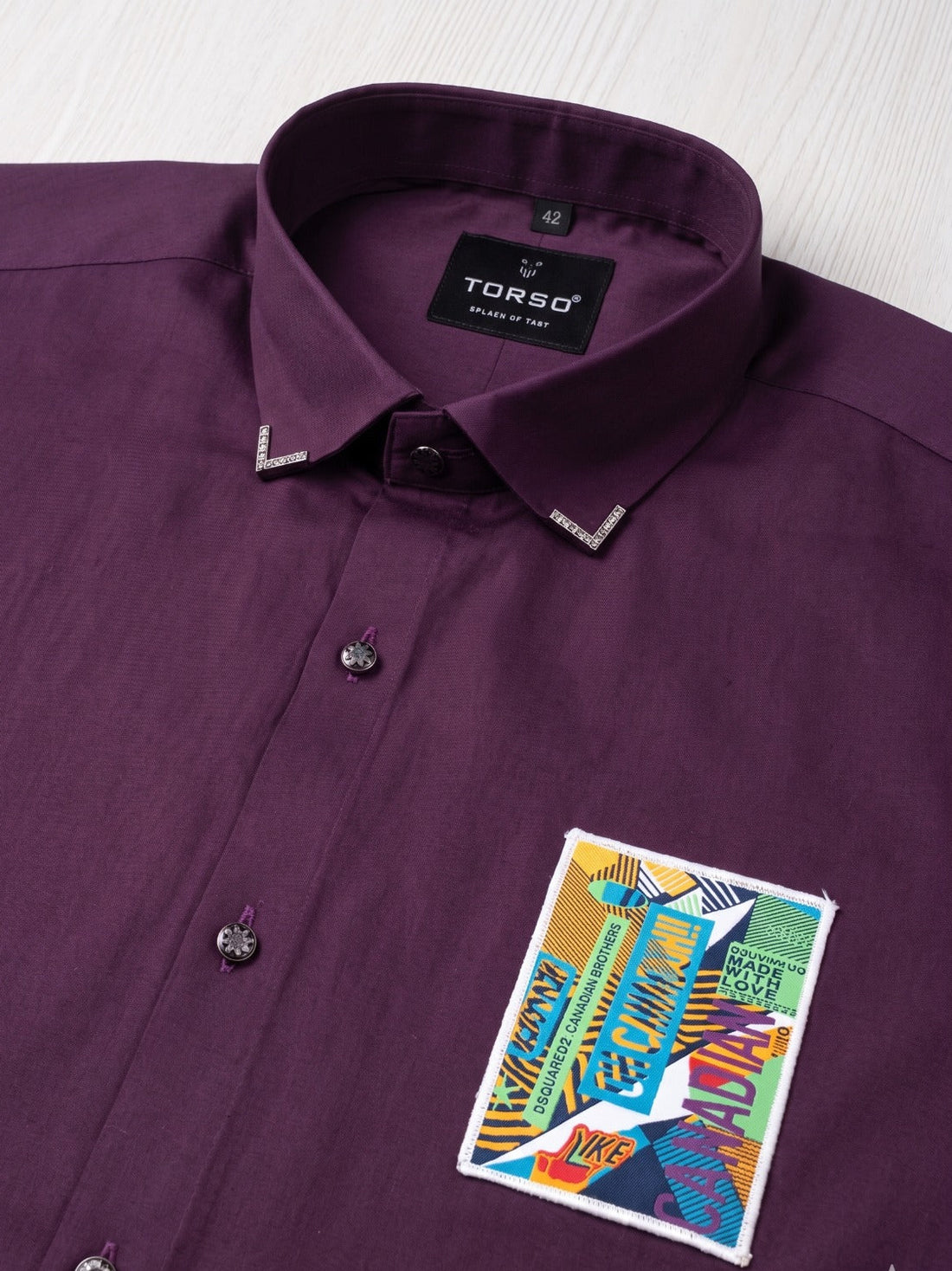 Torso Men’s Deep Plum Designer Full Sleeves Shirt with Graphic Patch Detail