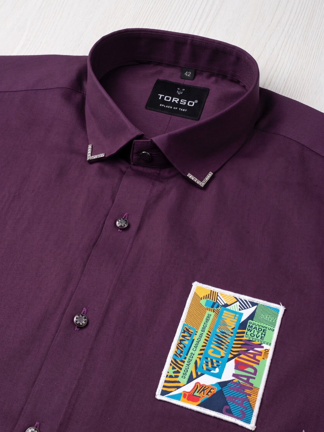 Torso Men’s Deep Plum Designer Full Sleeves Shirt with Graphic Patch Detail