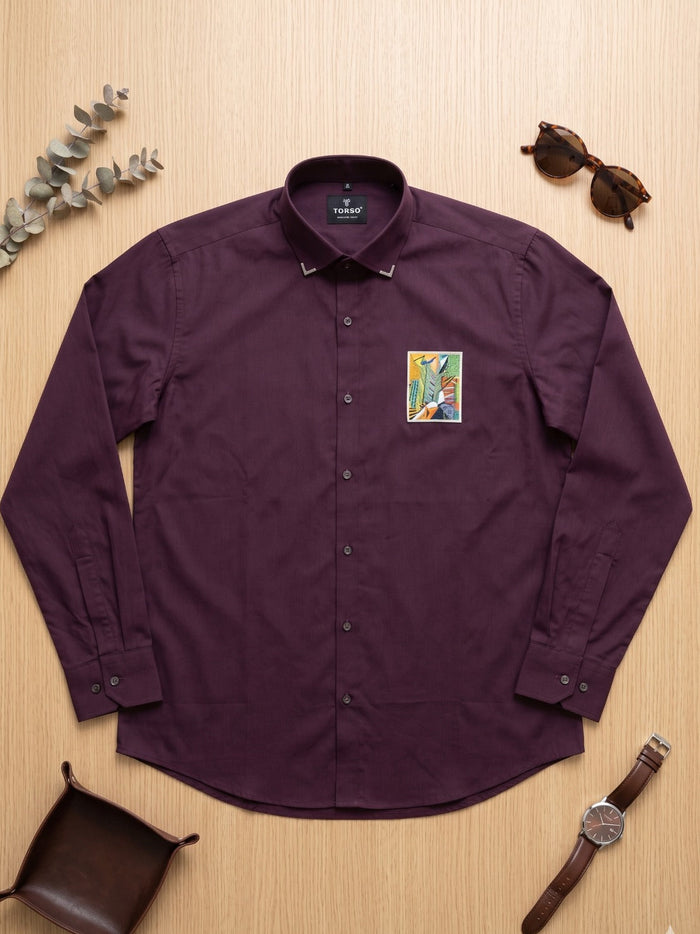 Torso Men’s Deep Plum Designer Full Sleeves Shirt with Graphic Patch Detail