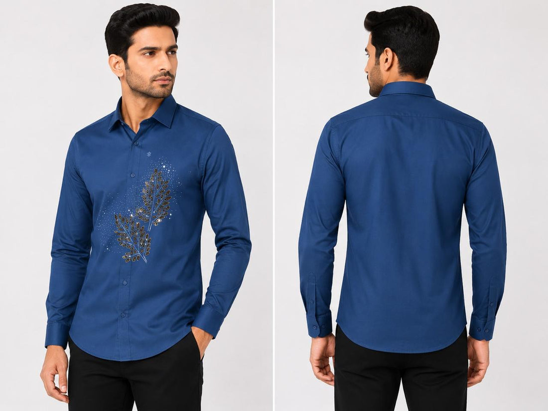 Torso Men’s Royal Blue Designer Full Sleeves Shirt with Embellished Leaf Artwork