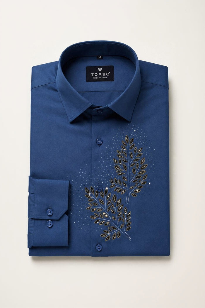 Torso Men’s Royal Blue Designer Full Sleeves Shirt with Embellished Leaf Artwork