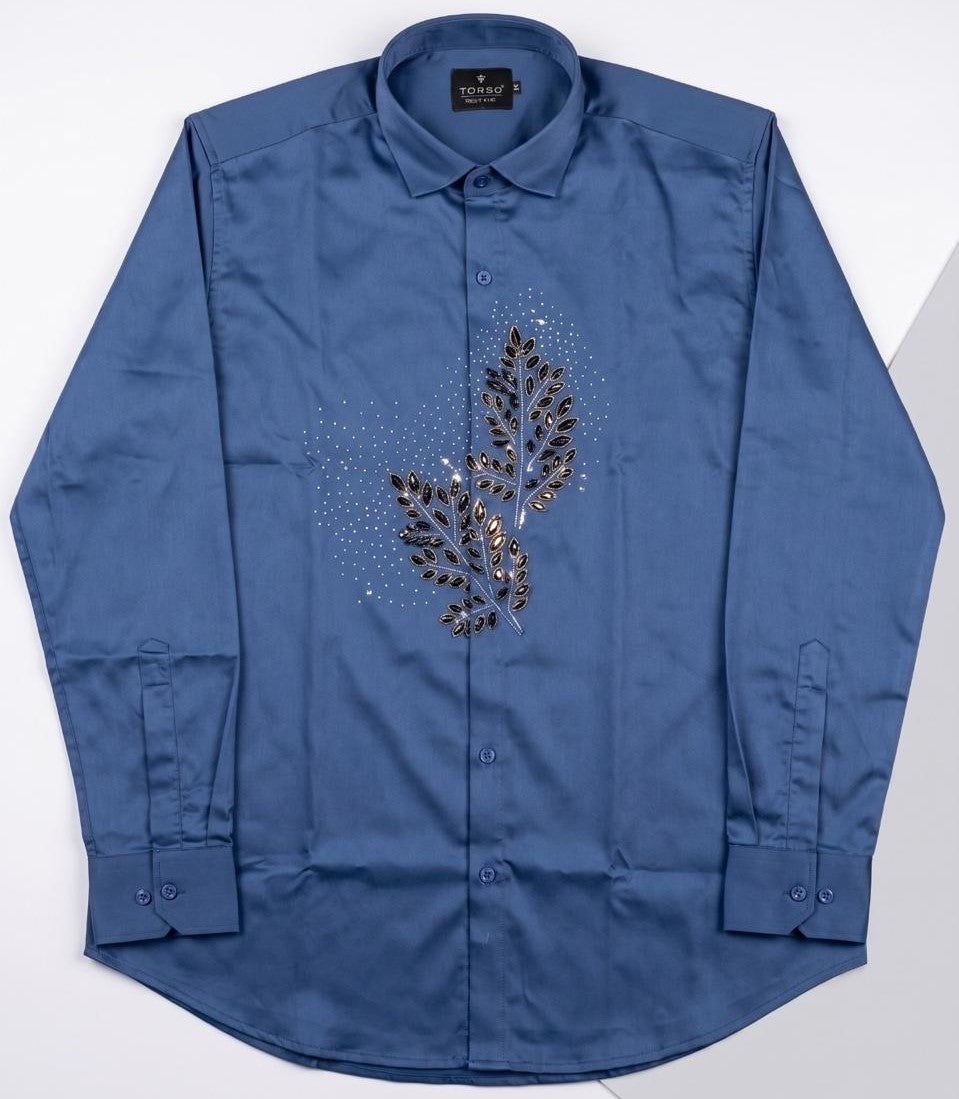 Torso Men’s Royal Blue Designer Full Sleeves Shirt with Embellished Leaf Artwork