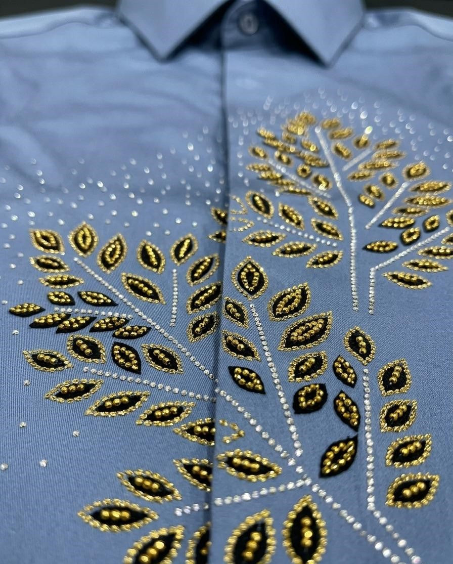 Torso Men’s Royal Blue Designer Full Sleeves Shirt with Embellished Leaf Artwork