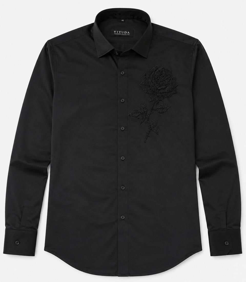 Vituda Men’s Black Rose Embellished Premium Full Sleeves Shirt