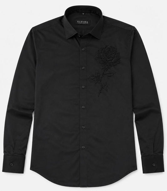 Vituda Men’s Black Rose Embellished Premium Full Sleeves Shirt