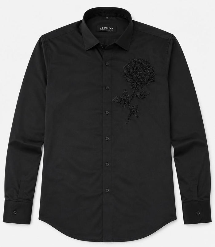 Vituda Men’s Black Rose Embellished Premium Full Sleeves Shirt