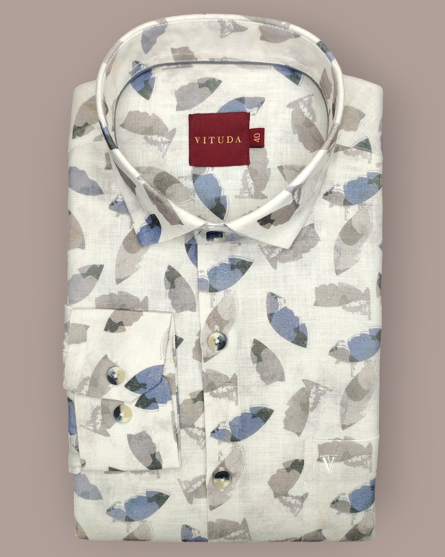 Men's Tailored Fit Leaf Print Full Sleeves Shirt – Off-White & Blue