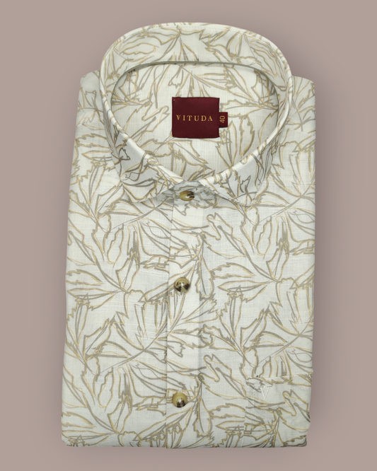 Men's Full Sleeves Off-White Leaf Printed Shirt