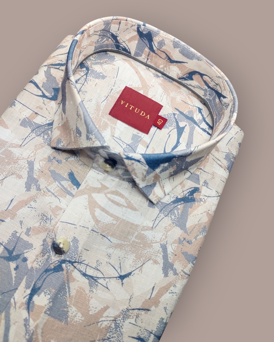 Men's Full Sleeves Abstract Printed Shirt – Beige, White & Blue Accents