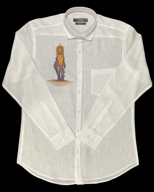 Men’s White Full Sleeve Linen Shirt with Elephant Print – Onam Special Edition