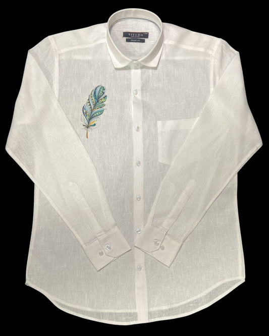 Men’s White Full Sleeve Linen Shirt with Peacock Print – Onam Special Edition