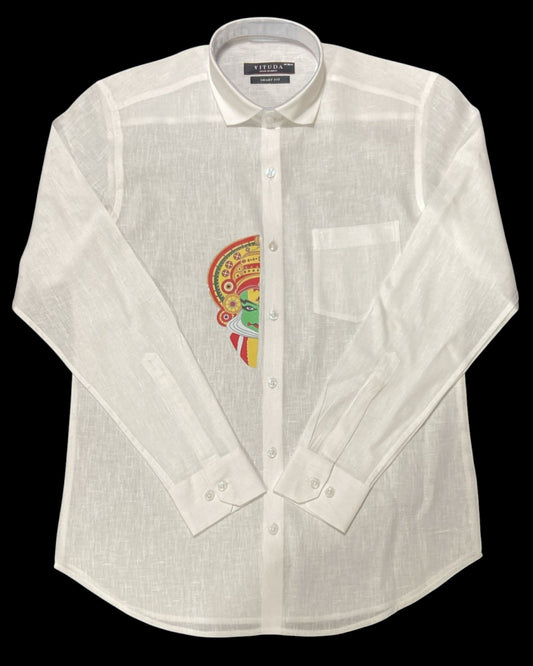 Men’s White Full Sleeve Linen Shirt with Kathakali Face Print – Onam Special Edition