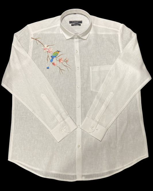 Men’s White Full Sleeve Linen Shirt with Bird & Blossom Print – Onam Special Edition