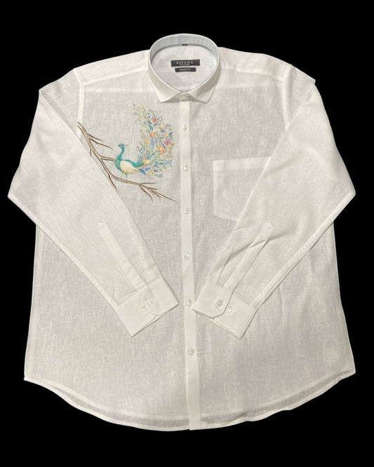 Men’s White Full Sleeve Linen Shirt with Artistic Peacock Design – Onam Special Edition