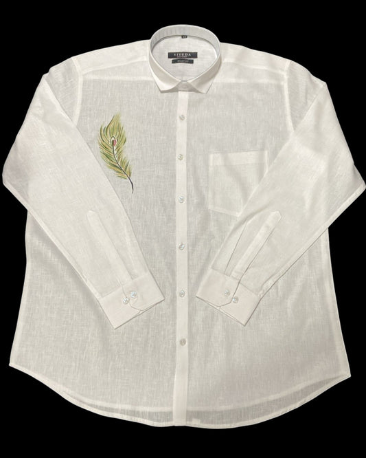 Men’s White Full Sleeve Linen Shirt with Peacock Feather Print – Onam Special Edition