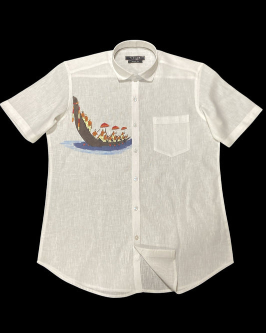 Men’s White Half Sleeve Linen Shirt with Vallam Kali Boat Race Print – Onam Special Edition